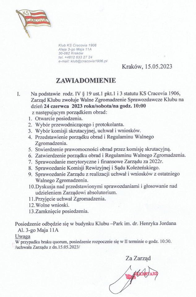 Zawiadomienie: Walne Zgromadzenie Sprawozdawcze Klubu 24.06.2023 g. 10:00 (sobota).